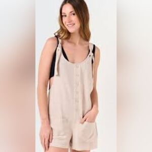 ENTRO 100 % LINEN Size M Romper Beige Textured Fabric